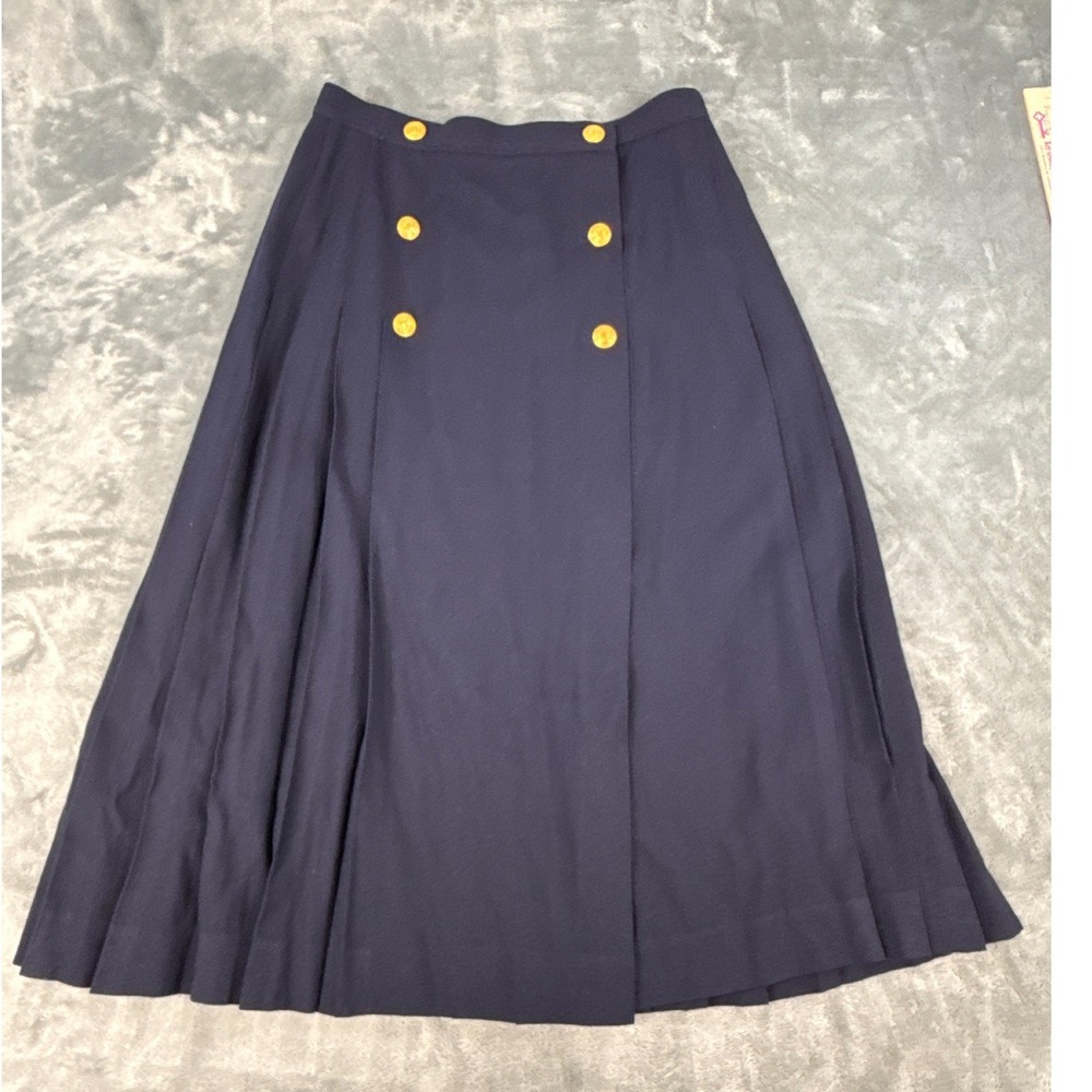 JH Collectibles Vintage 100% Wool Blue Pleated Midi Skirt Gold Buttons 28 waist